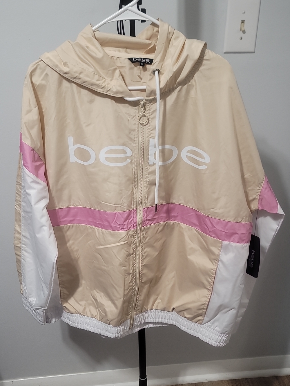 bebe Beige Pink and White Colorblock Hooded Windbreaker